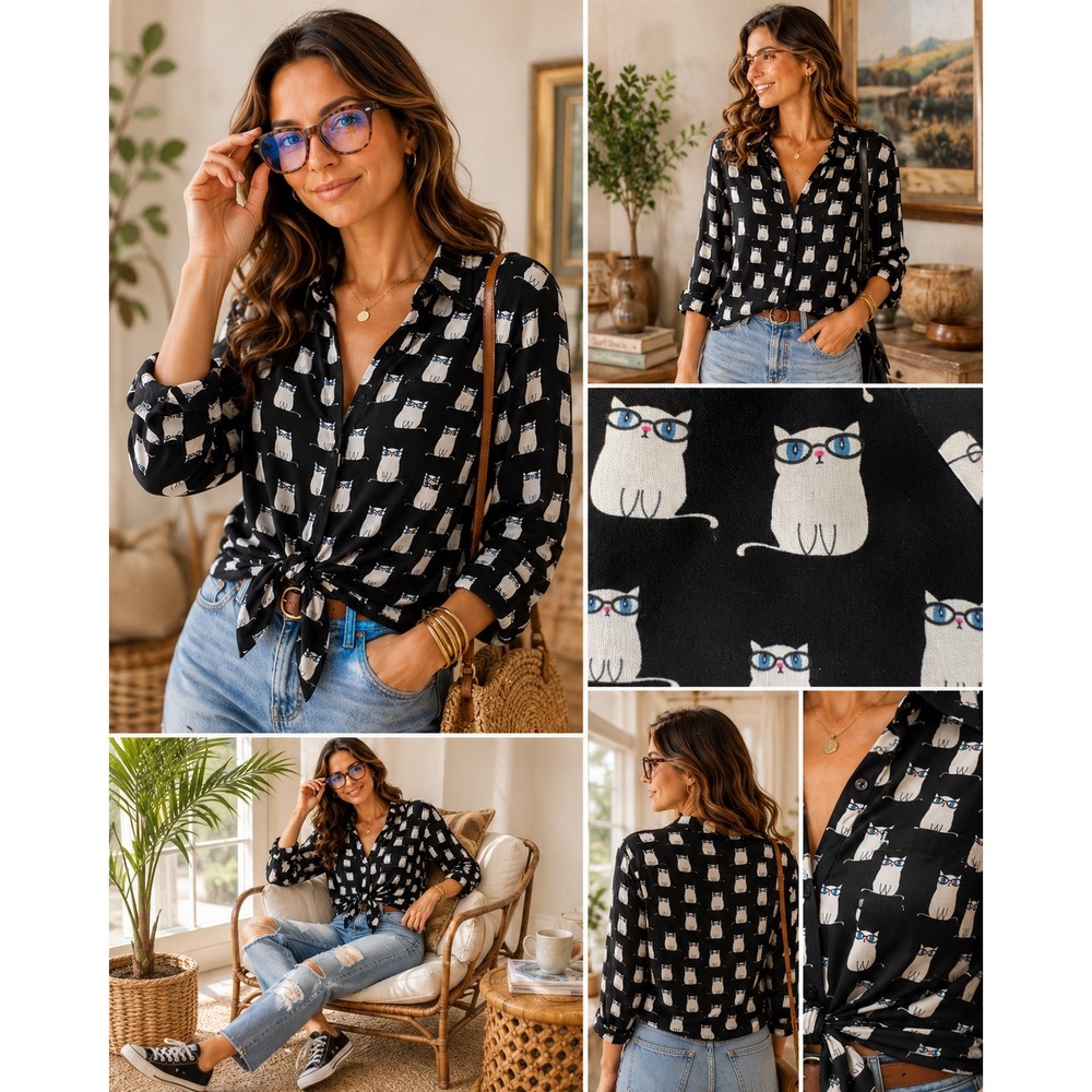 Love Notes Cat Print Blue Eyes Glasses Tie Front Whimsical Blouse Sz L